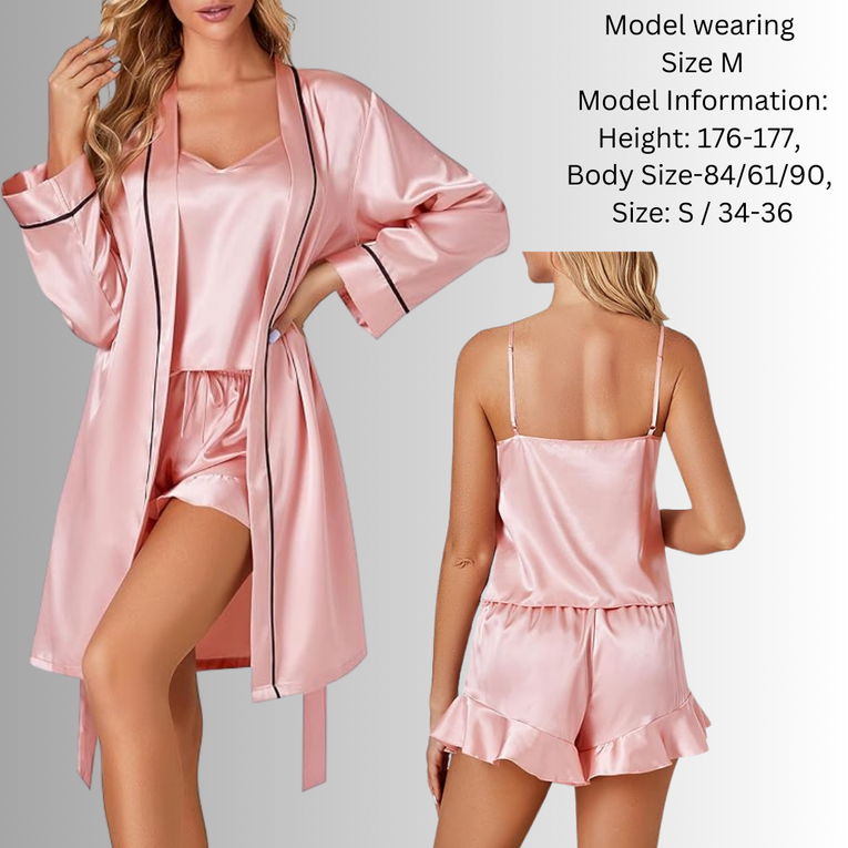 3pcs Satin Cami Top and Shorts with Robe Sleepwear for Women