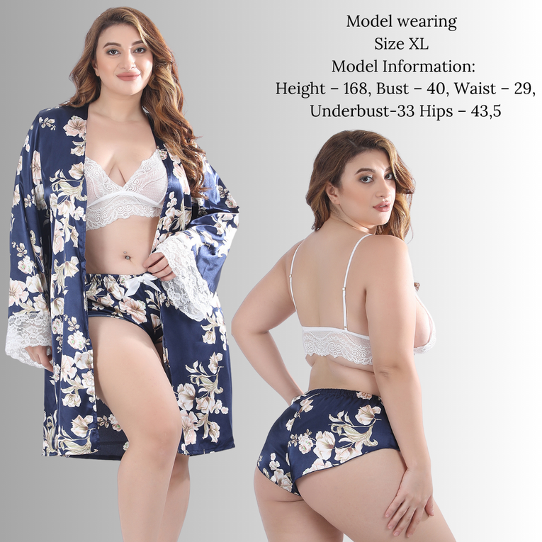 Blue Floral Printed Robe with White Lacy Bra & Ruffle Shorts Set