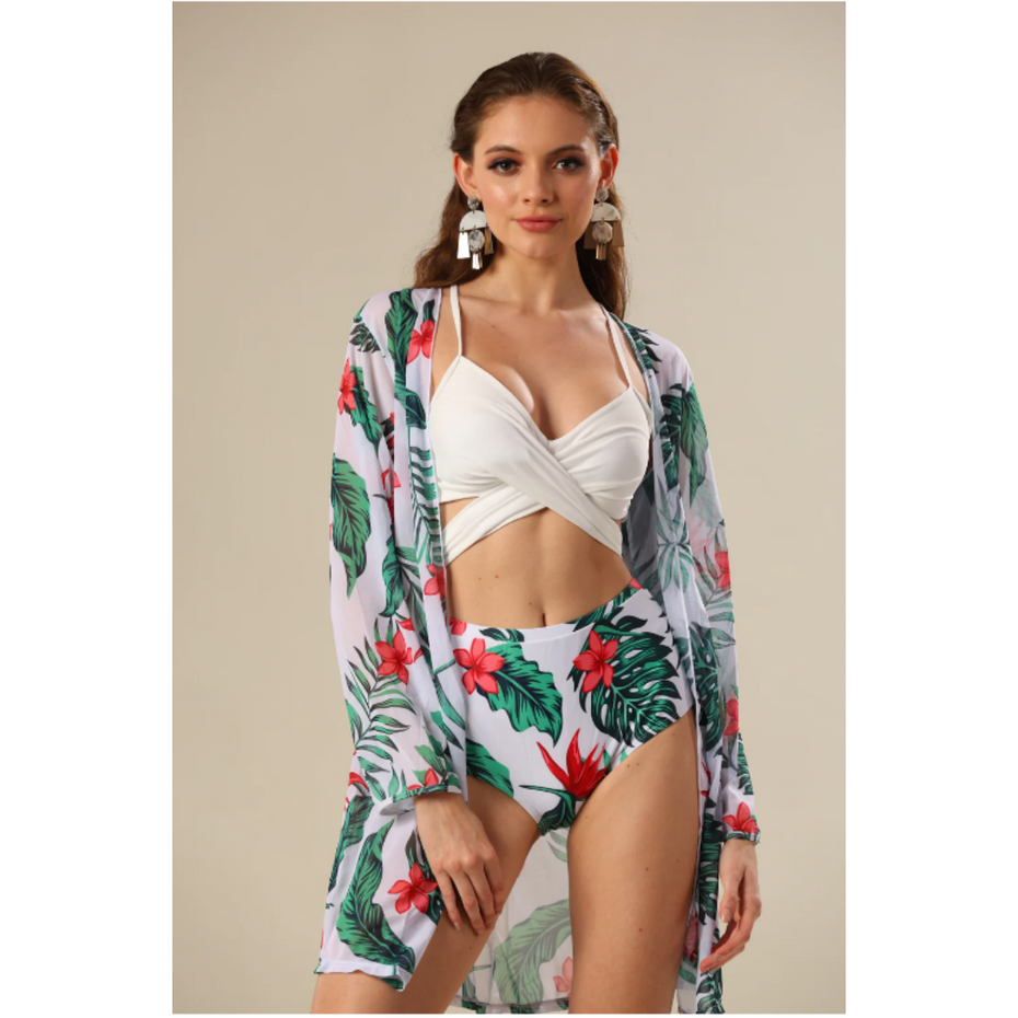 3 Pcs/Set Women Bikini Cover Up Set Floral Print High Waist Beachwear