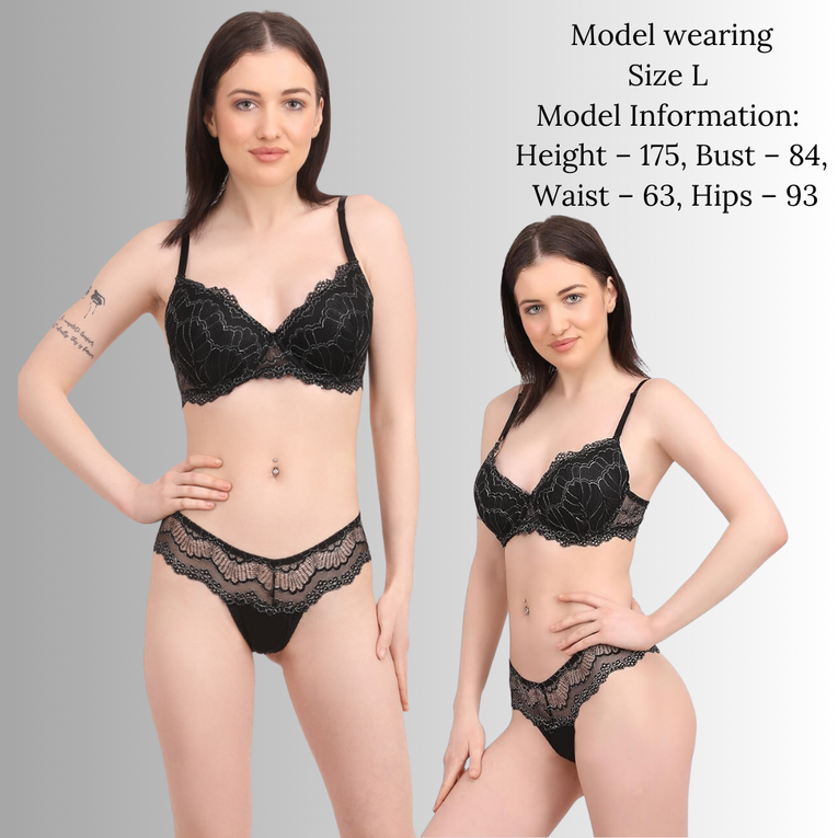 Women Black with Silver Lace embroidery Wired PushUp Bra & Panty Set