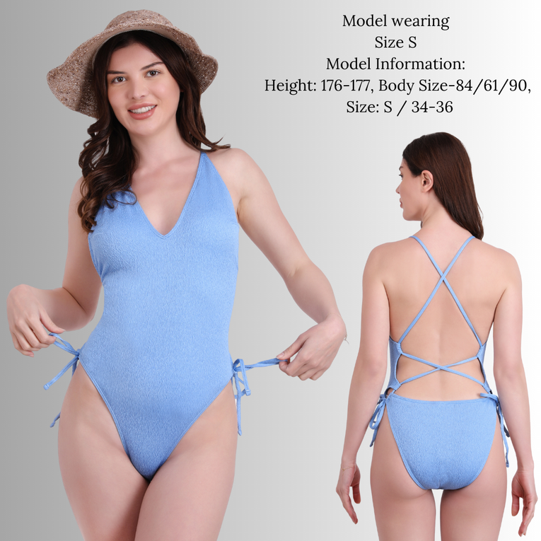 Women's Criss Cross Backless V Neck Tie Side High Cut Thong One Piece Swimsuit