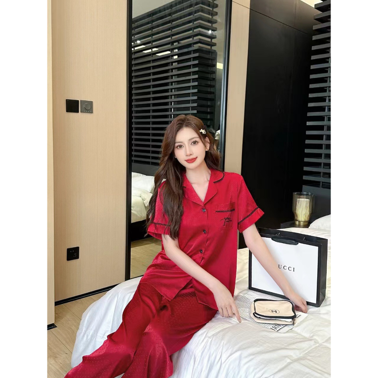 Pleasing Strings Women's Silk Satin Collared Half Sleeve Button Down Pj Set Loungewear