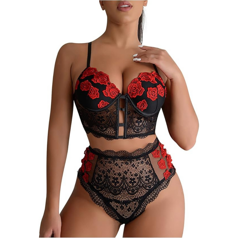 Women 2pcs Floral Embroidery Lace Lingerie with Hollow Out High Waist Underwear