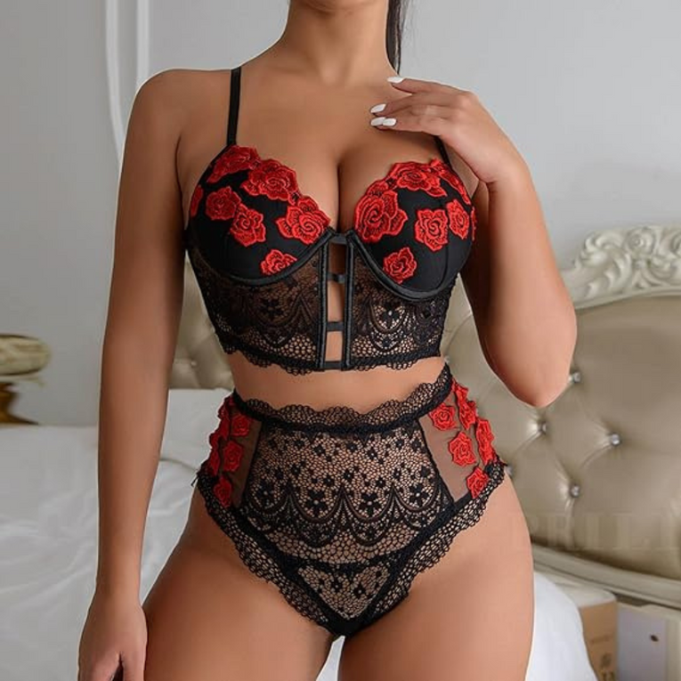 Women 2pcs Floral Embroidery Lace Lingerie with Hollow Out High Waist Underwear