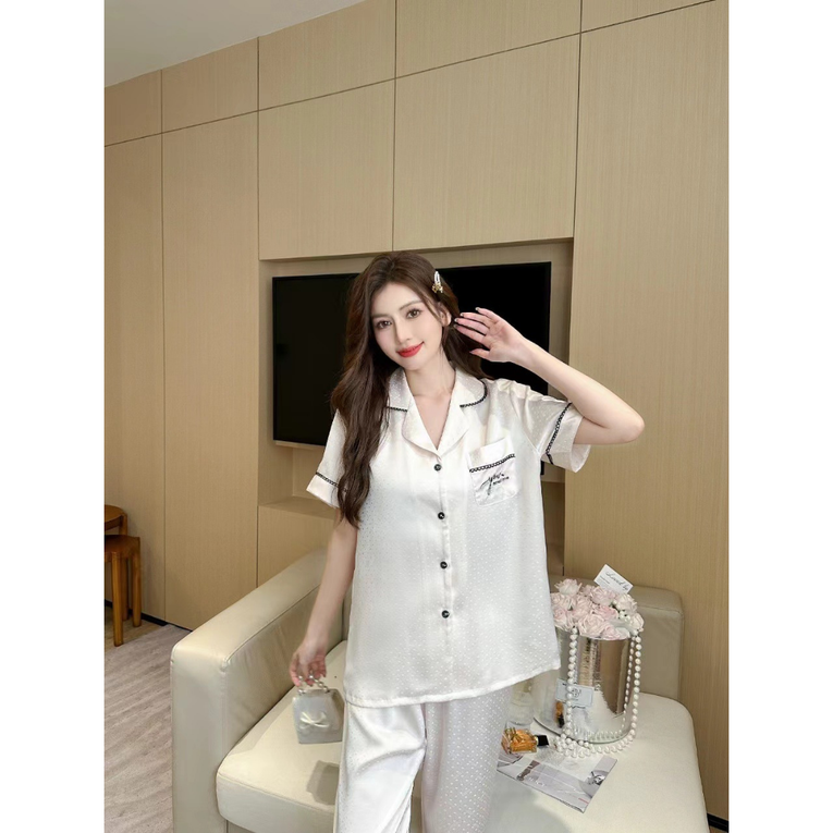 Pleasing Strings Women's Silk Satin Collared Half Sleeve Button Down Pj Set Loungewear