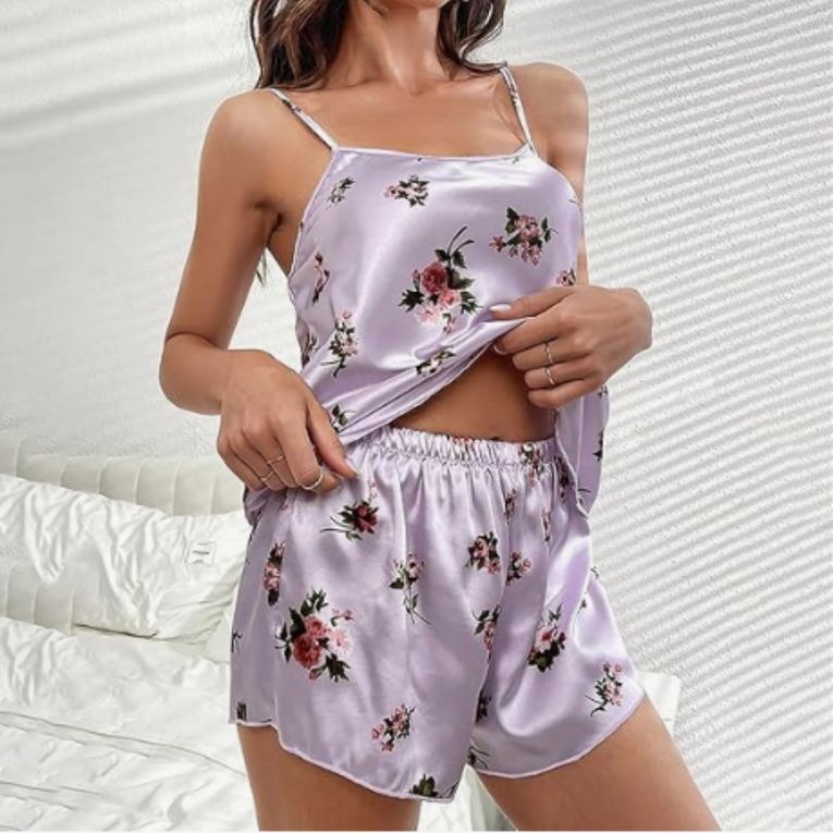 Women's Floral Print Satin Cami Top with Shorts Pj Set