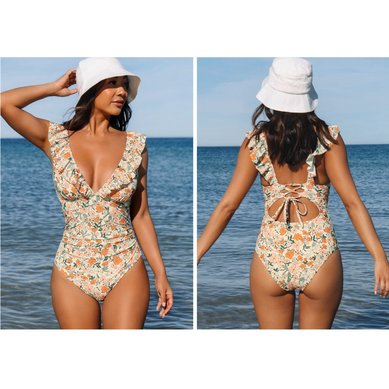 Women's Ruffled One Piece Swimsuit V Neck Lace Up