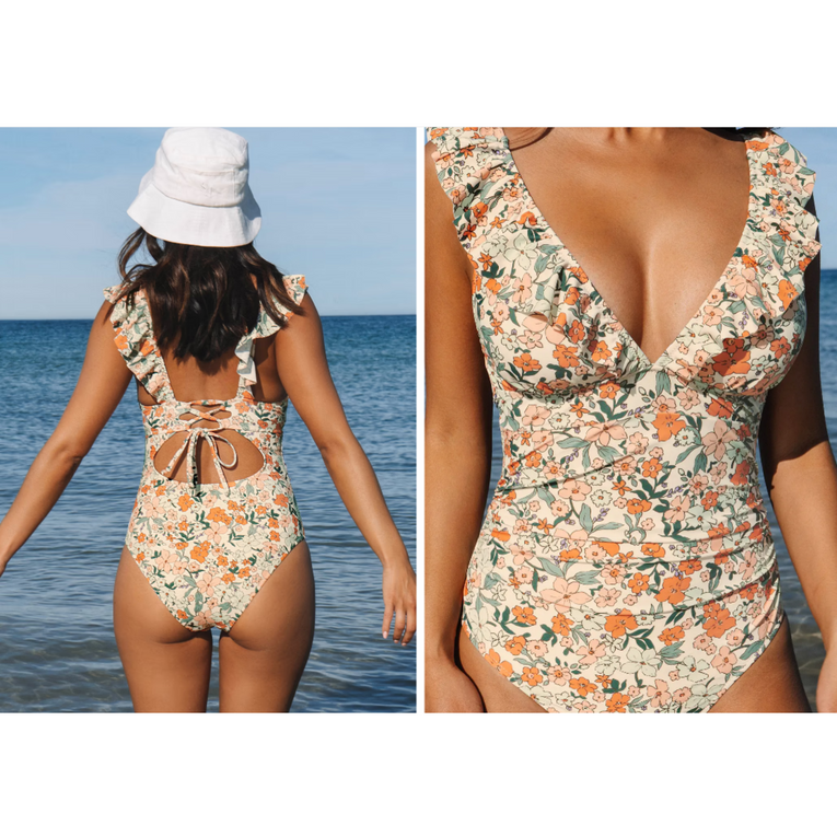 Women's Ruffled One Piece Swimsuit V Neck Lace Up