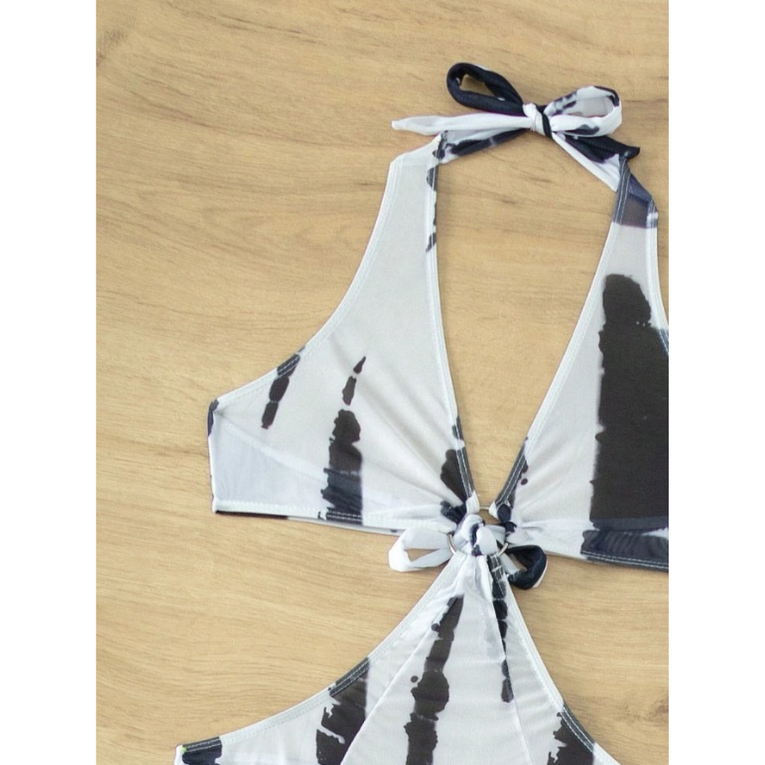 Tie Dye with Halter Neck & High Thigh Slit Cutout 3pc Swimsuit for Women