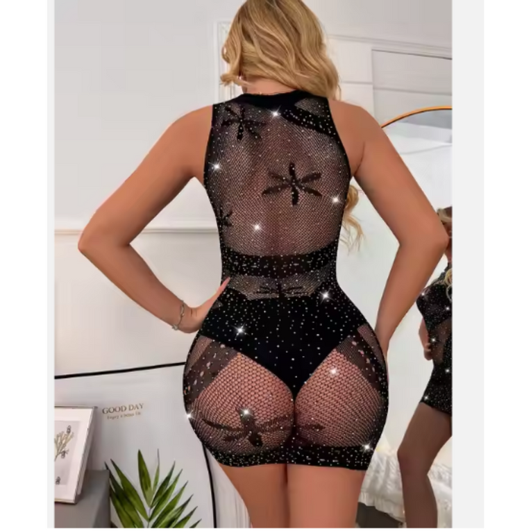 Women Rhinestone Mesh Fishnet Halter Neck Babydoll Dress