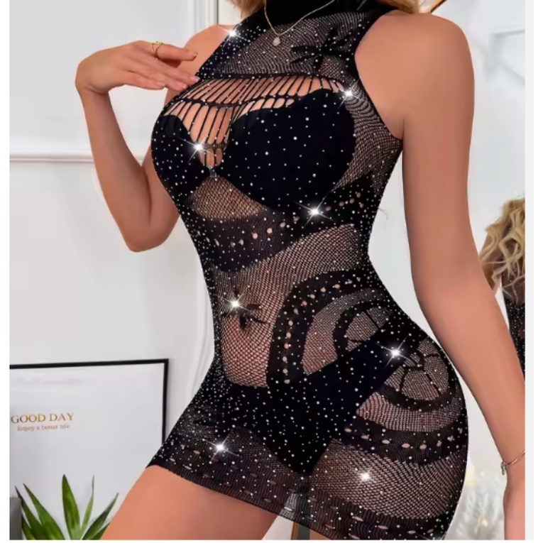 Women Rhinestone Mesh Fishnet Halter Neck Babydoll Dress