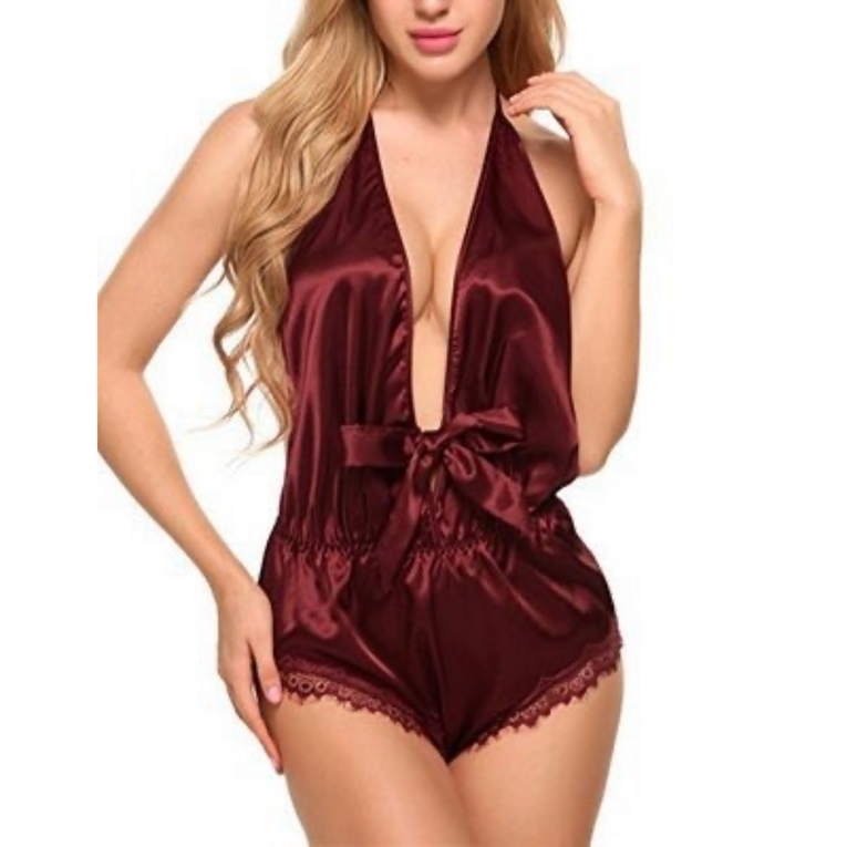 Women 1pc Plunge Halter Neck Sexy Backless Satin Nightwear Set