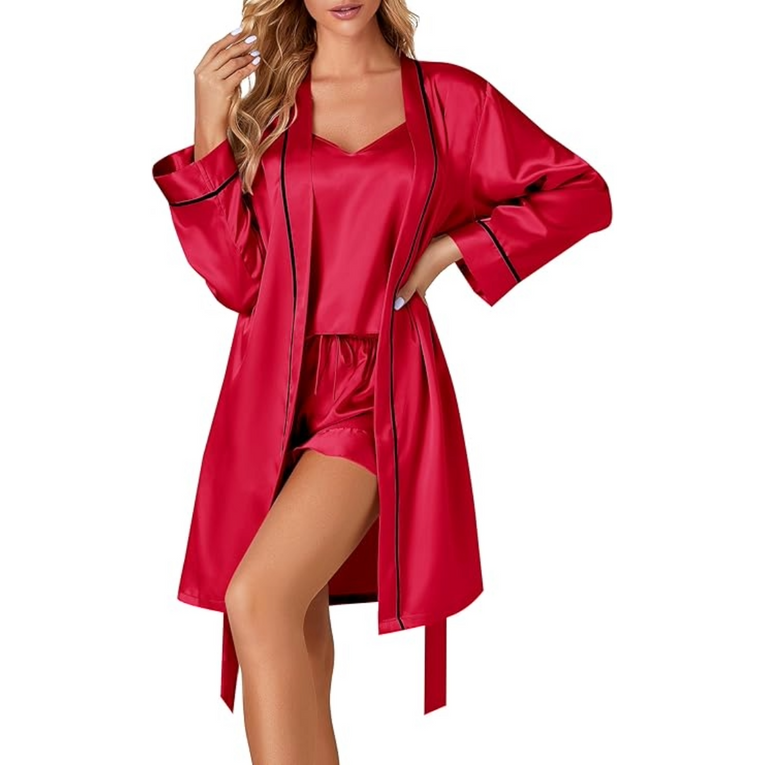 3pcs Satin Cami Top and Shorts with Robe Sleepwear for Women