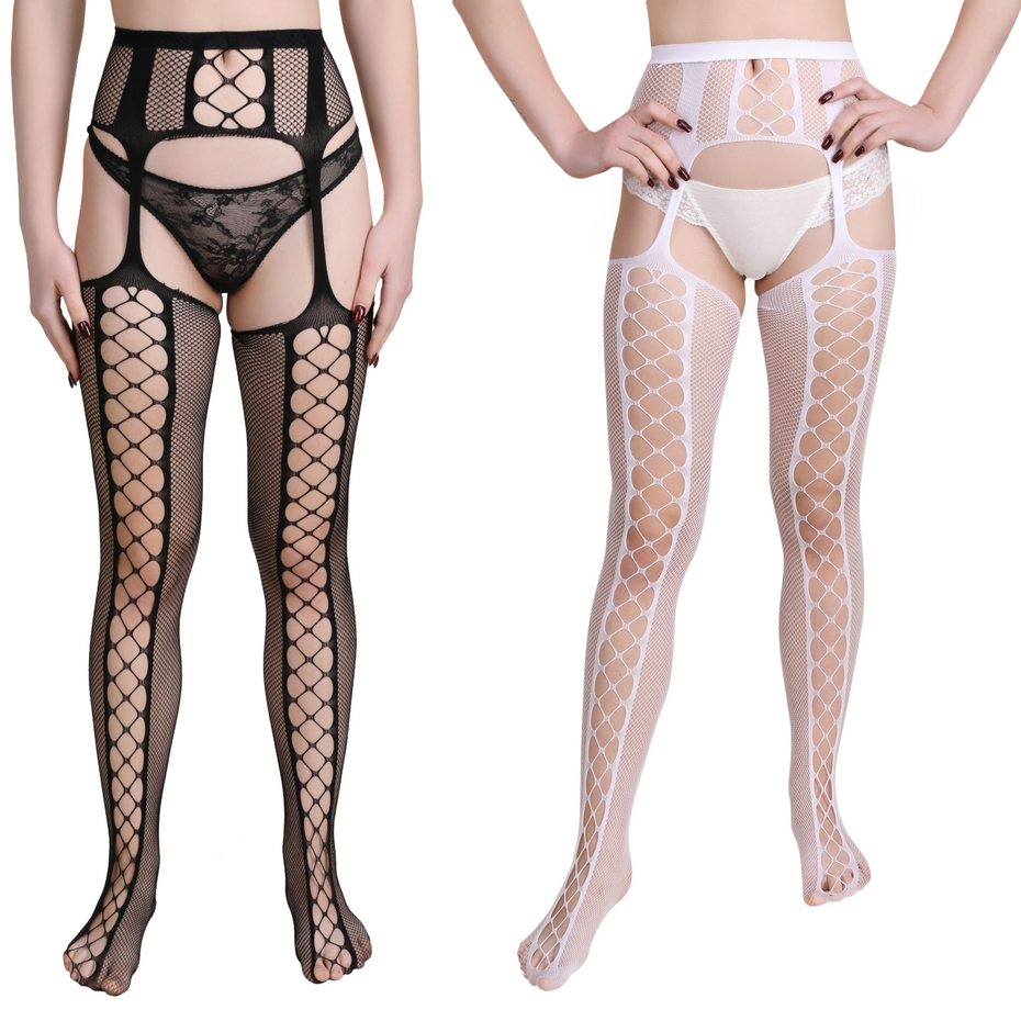 Womens Fishnet Criss-Cross Lace Stockings Tights Suspender Pantyhose Hosiery Set of 2