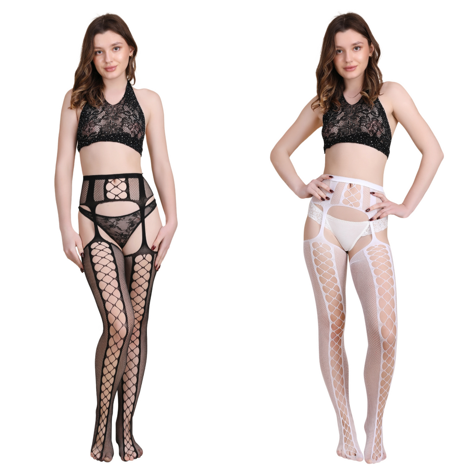 Womens Fishnet Criss-Cross Lace Stockings Tights Suspender Pantyhose Hosiery Set of 2