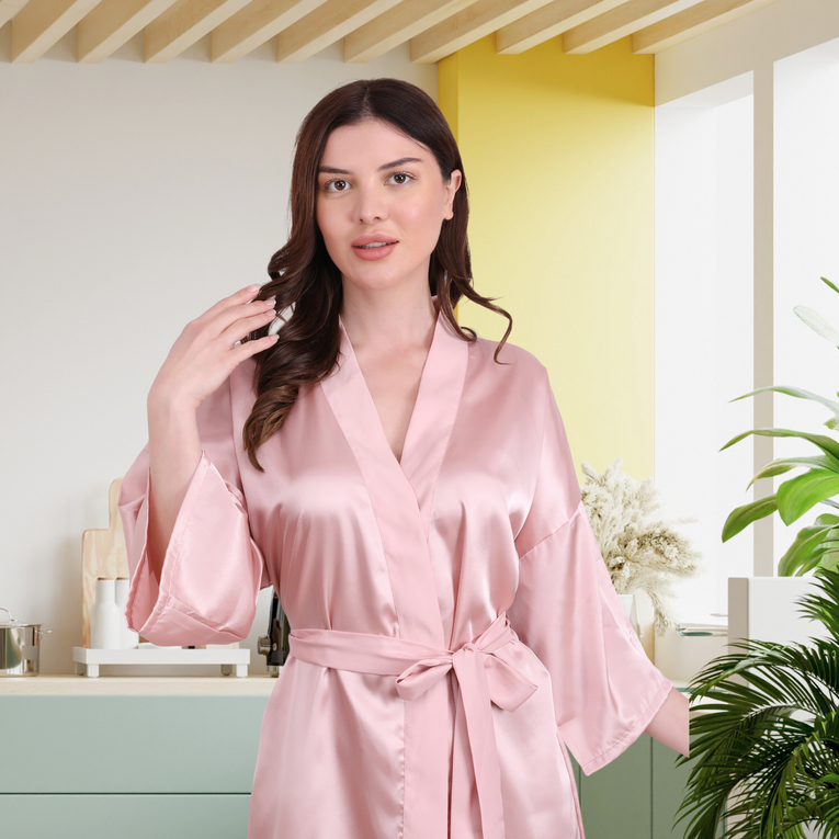 Women Satin Short Robe with Full Sleeves & Tassel Tie