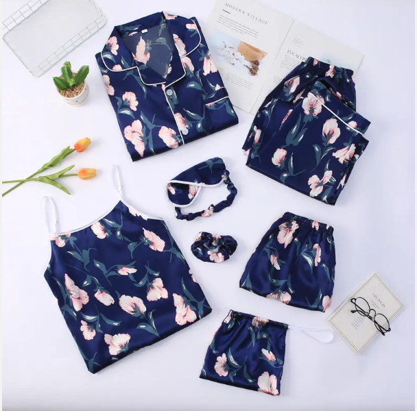 Women's Pyjamas Set 7pcs Silk Satin Sleepwear Loungewear Cami Shirt Pj Set