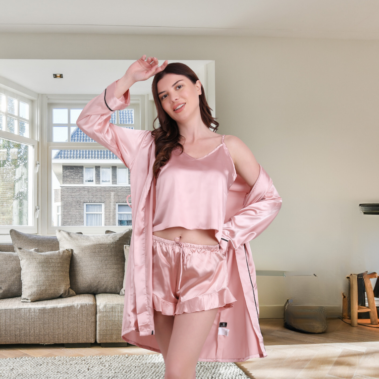 3pcs Satin Cami Top and Shorts with Robe Sleepwear for Women