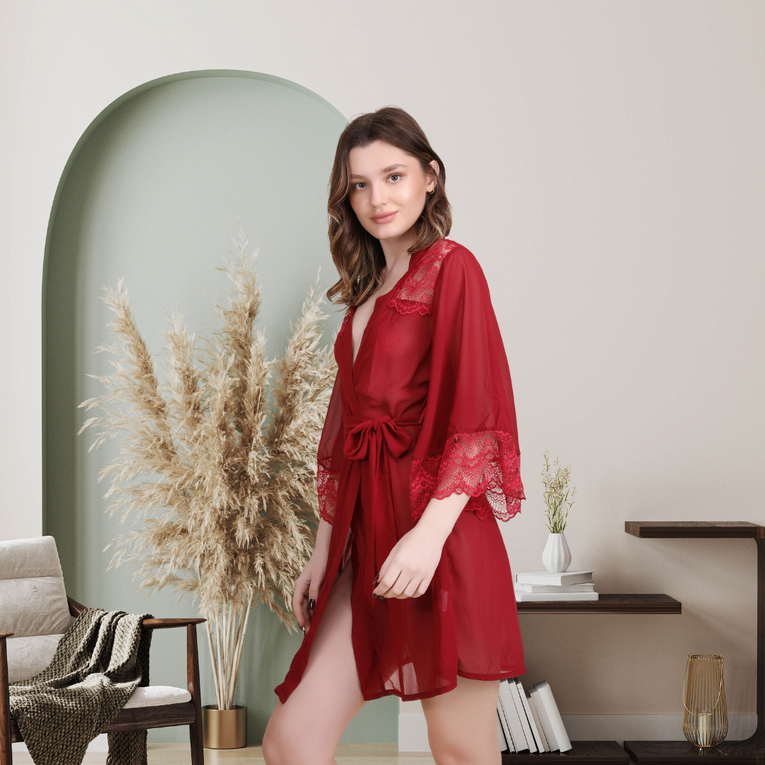 Lace Sheer 3/4 Sleeve Belted Robe