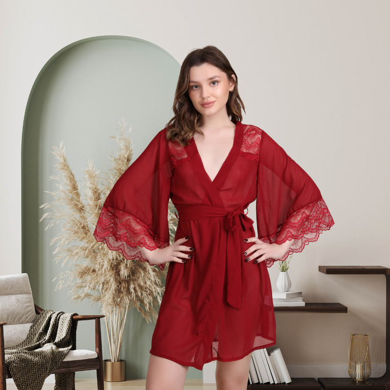 Lace Sheer 3/4 Sleeve Belted Robe